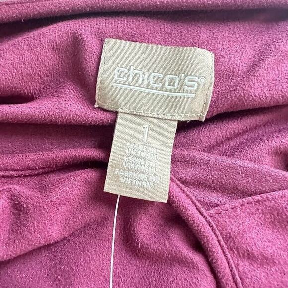 Chico’s Plum Purple Faux Suede Ruffle Button Shirt Long Sleeve Top Size 1 Medium - Picture 5 of 9